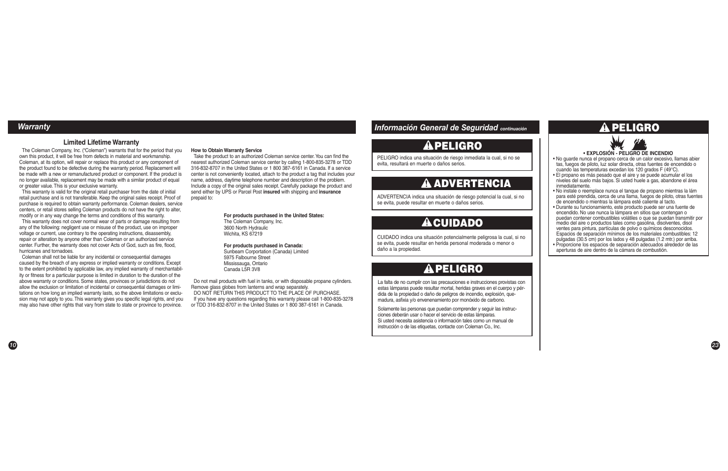 Peligro, Advertencia, Cuidado | Warranty, Información general de seguridad | Coleman 5151C User Manual | Page 10 / 16