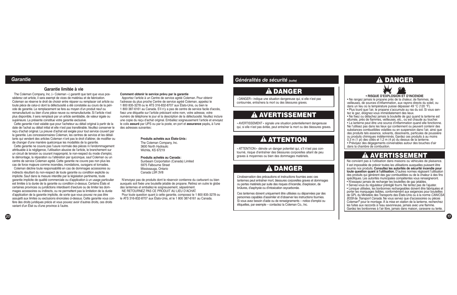 Avertissement, Danger, Attention | Généralités de sécurité, Garantie | Coleman 5151C User Manual | Page 13 / 16