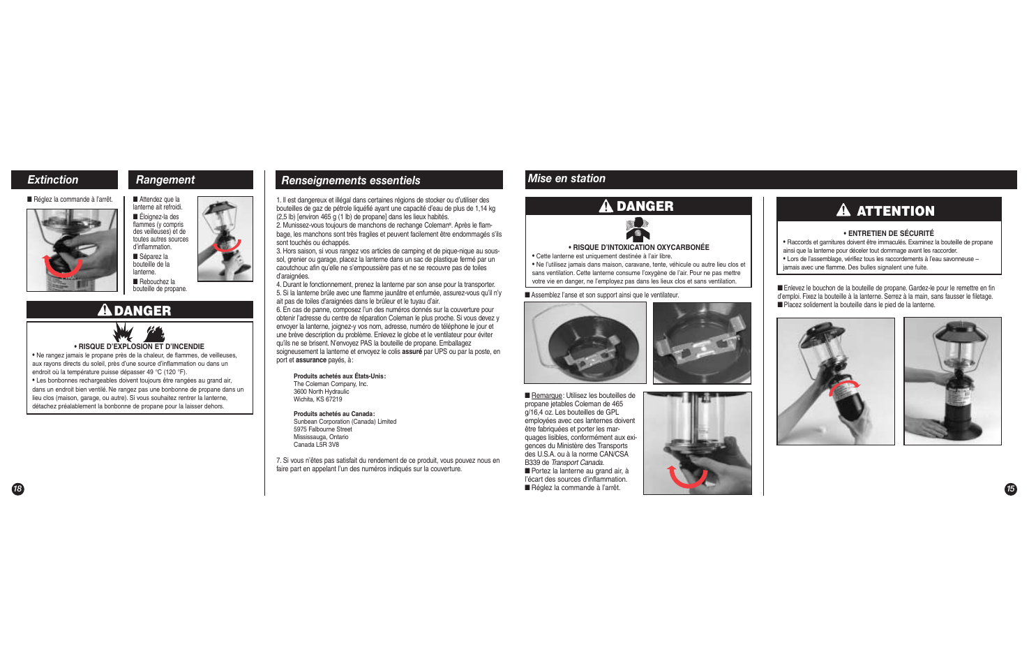 Danger, Attention, Mise en station | Extinction, Rangement, Renseignements essentiels | Coleman 5151C User Manual | Page 15 / 16