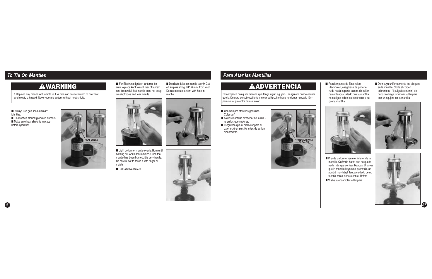 Warning, Advertencia, Para atar las mantillas | Coleman 5151C User Manual | Page 6 / 16