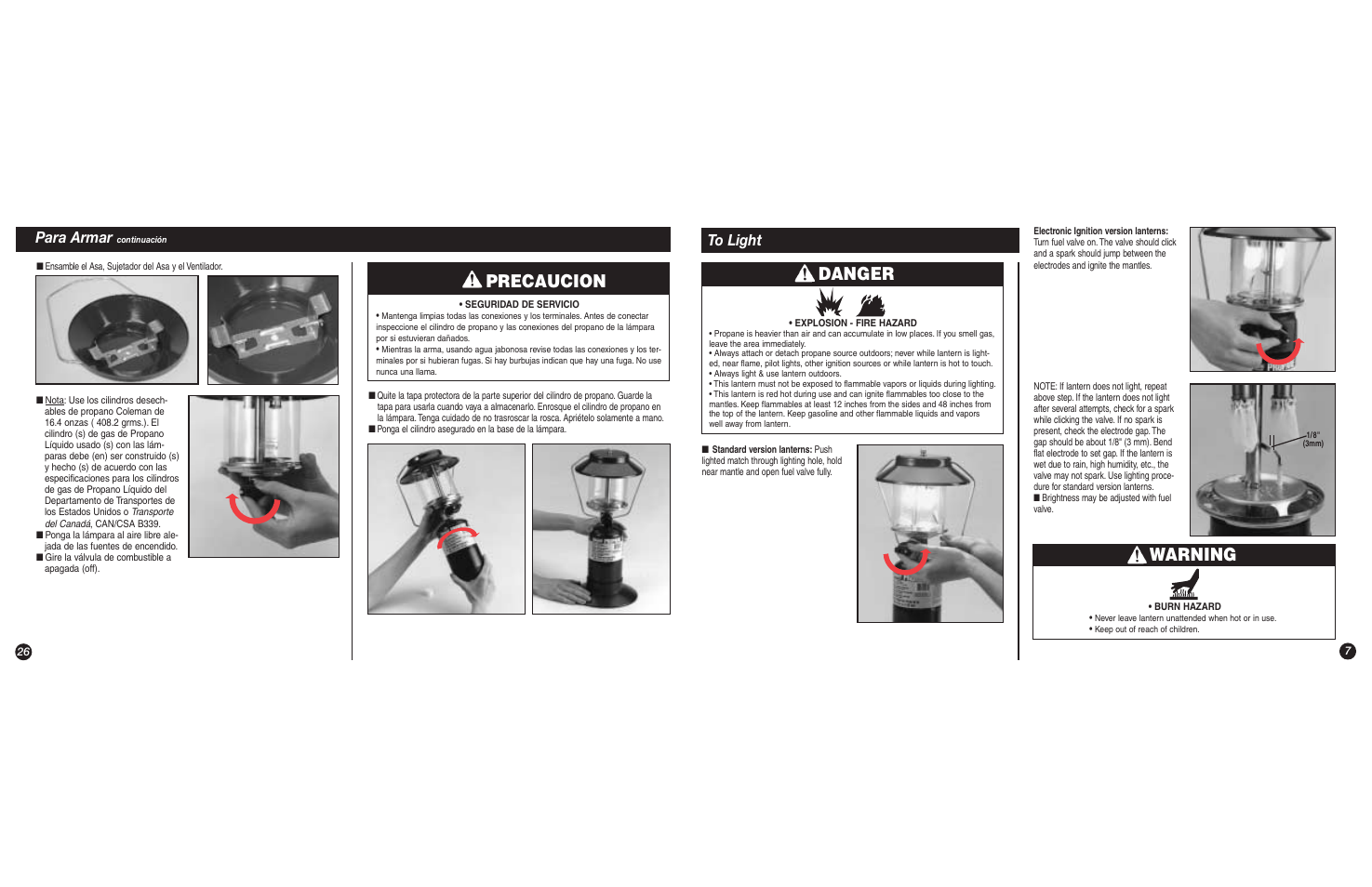 Danger, Warning, Precaucion | Para armar | Coleman 5151C User Manual | Page 7 / 16