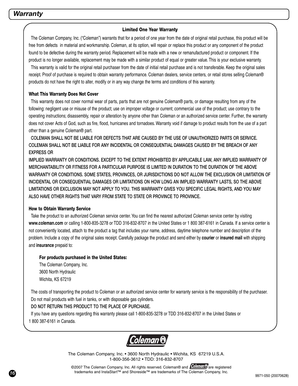 Warranty | Coleman 9971-A50 User Manual | Page 16 / 16