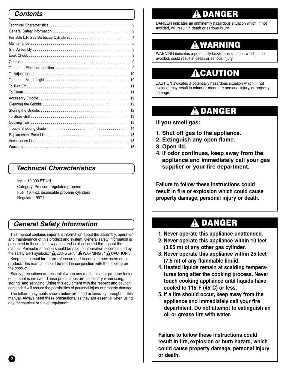 Danger, Warning, Caution | Contents general safety information, Technical characteristics | Coleman 9971-A50 User Manual | Page 2 / 16