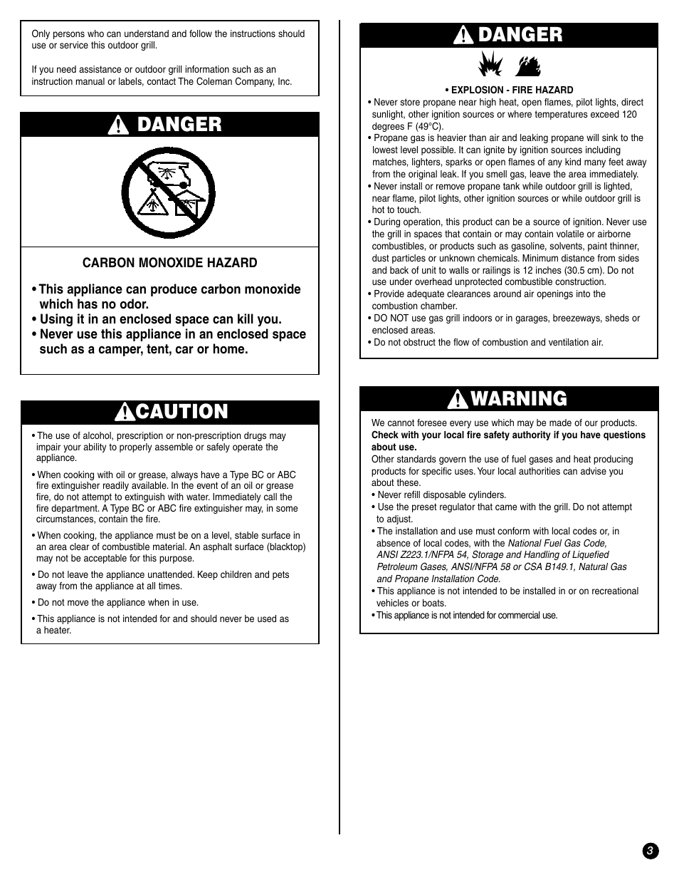 Danger, Caution, Warning | Coleman 9971-A50 User Manual | Page 3 / 16