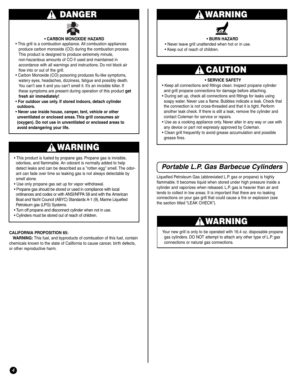 Danger, Warning, Caution | Portable l.p. gas barbecue cylinders | Coleman 9971-A50 User Manual | Page 4 / 16