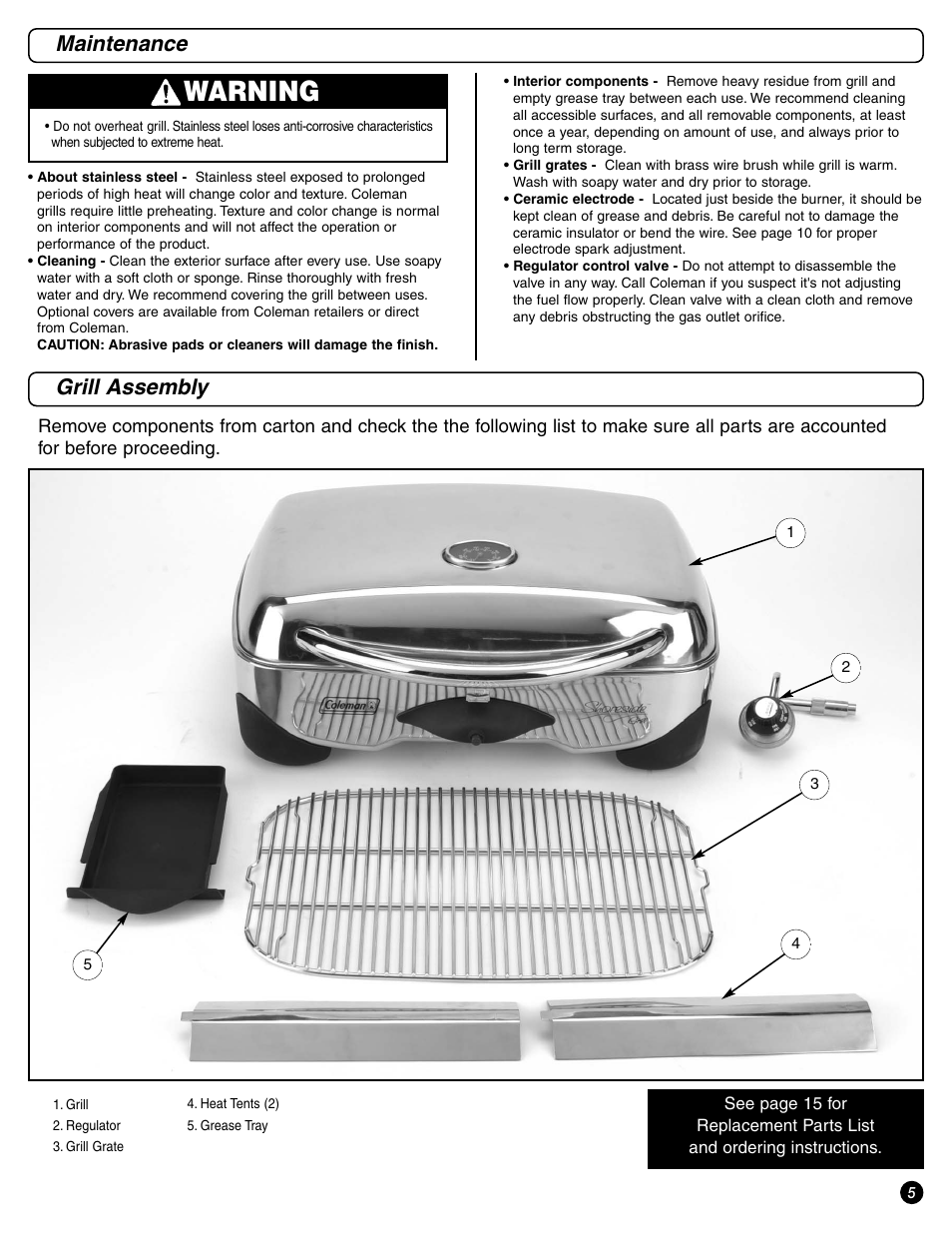 Warning, Maintenance, Grill assembly | Coleman 9971-A50 User Manual | Page 5 / 16