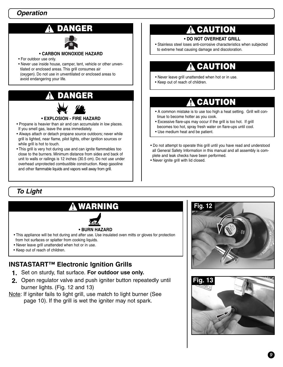 Danger, Warning, Caution | Operation, Fig. 13 fig. 12, Instastart™ electronic ignition grills 1 | Coleman 9971-A50 User Manual | Page 9 / 16