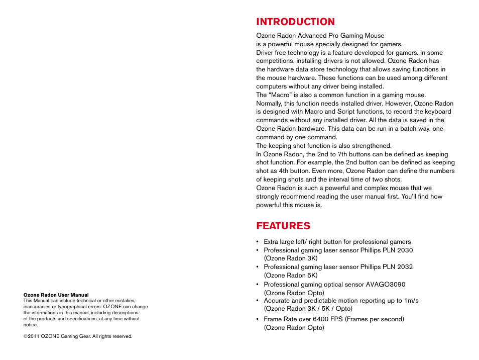 Introduction, Features | Ozone Gaming Radon Opto User Manual | Page 2 / 9