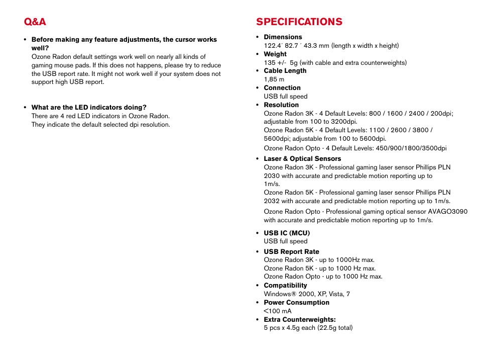 Specifications | Ozone Gaming Radon Opto User Manual | Page 8 / 9