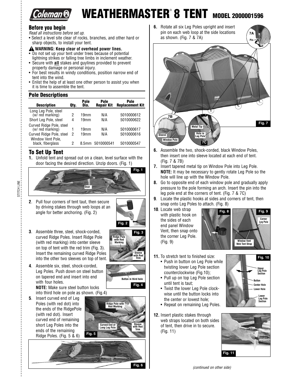 Coleman WEATHERMASTER 8 TENT MODEL 2000001596STITCHLINE User Manual | 2 pages