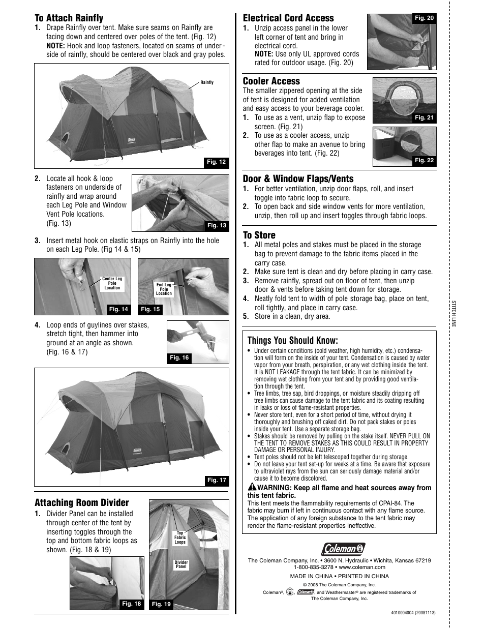 Cooler access, Attaching room divider, Electrical cord access | Door & window flaps/vents, Things you should know | Coleman WEATHERMASTER 8 TENT MODEL 2000001596STITCHLINE User Manual | Page 2 / 2