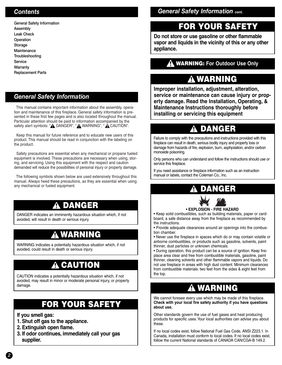 Danger, Warning, Caution | For your safety | Coleman 5076 User Manual | Page 2 / 8