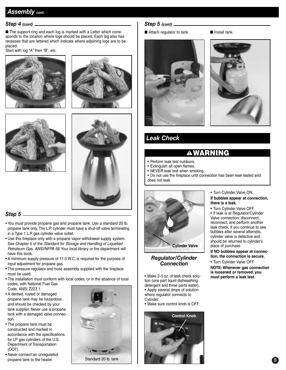 Warning, Assembly, Leak check | Coleman 5076 User Manual | Page 5 / 8