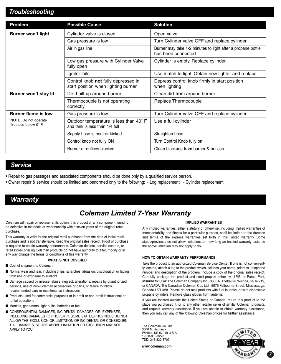 Coleman limited 7-year warranty, Warranty, Service | Troubleshooting, 7 - year | Coleman 5076 User Manual | Page 7 / 8