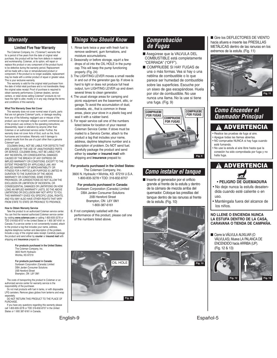 Como instalar el tanque, Como encender el quemador principal, Comprobación de fugas | Advertencia, Warranty, Things you should know, Español-5, English-9 | Coleman 425G User Manual | Page 10 / 18