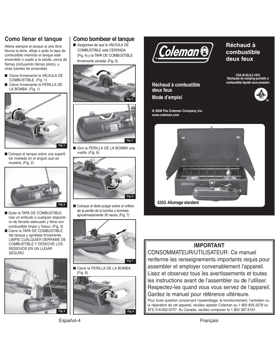 Como bombear el tanque, Como llenar el tanque, Réchaud à combustible deux feux | Réchaud à combustible deux feux mode d’emploi | Coleman 425G User Manual | Page 11 / 18
