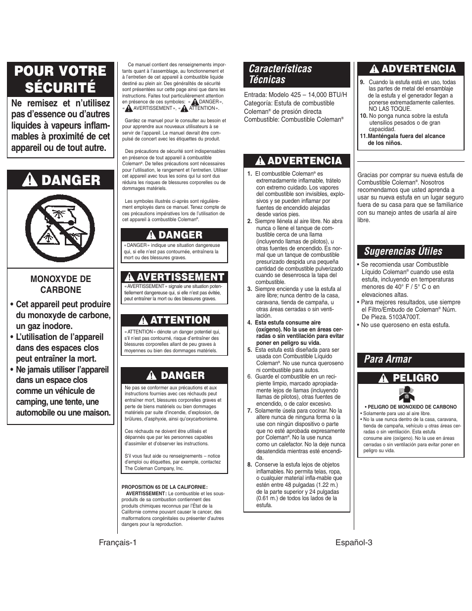 Pour votre sécurité, Características técnicas, Para armar | Sugerencias útiles, Advertencia, Peligro, Danger, Attention, Avertissement | Coleman 425G User Manual | Page 12 / 18