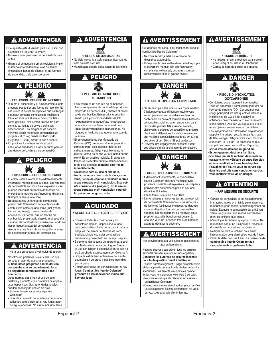 Advertencia, Peligro, Cuidado | Avertissement danger, Avertissement, Danger, Attention, Español-2, Français-2 | Coleman 425G User Manual | Page 13 / 18