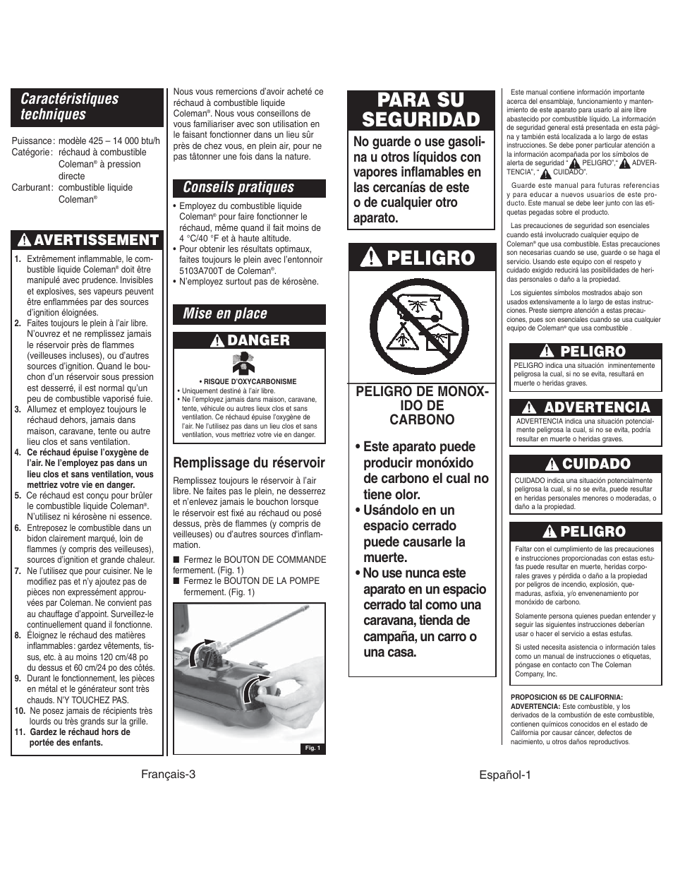 Para su seguridad, Caractéristiques techniques, Mise en place | Conseils pratiques, Peligro, Cuidado, Advertencia, Avertissement, Danger, Remplissage du réservoir | Coleman 425G User Manual | Page 14 / 18