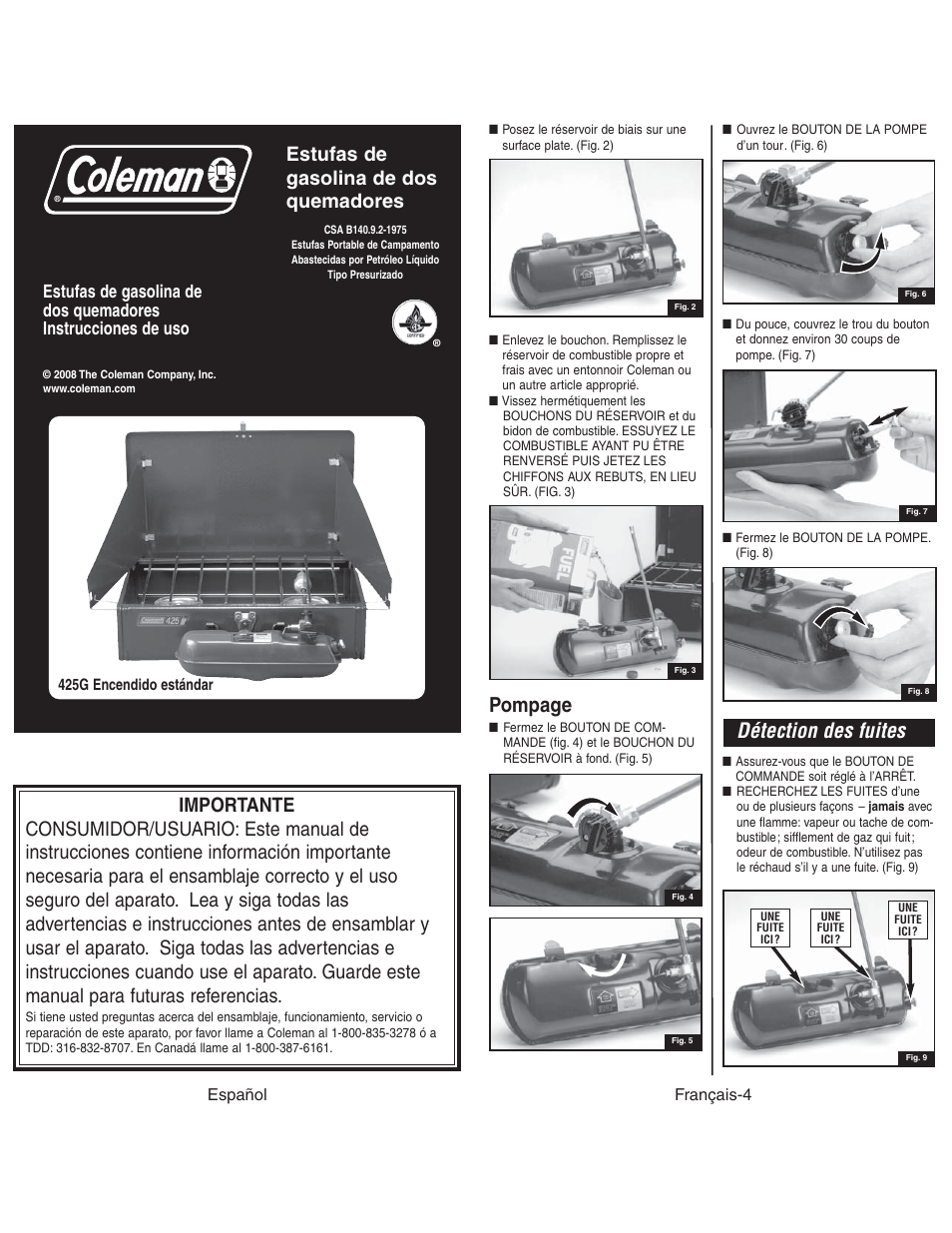 Détection des fuites, Pompage, Estufas de gasolina de dos quemadores | Español, Français-4 | Coleman 425G User Manual | Page 15 / 18
