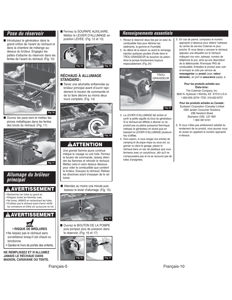 Pose du réservoir, Allumage du brûleur principal, Avertissement | Attention, Renseignements essentiels, Français-10, Français-5 | Coleman 425G User Manual | Page 16 / 18