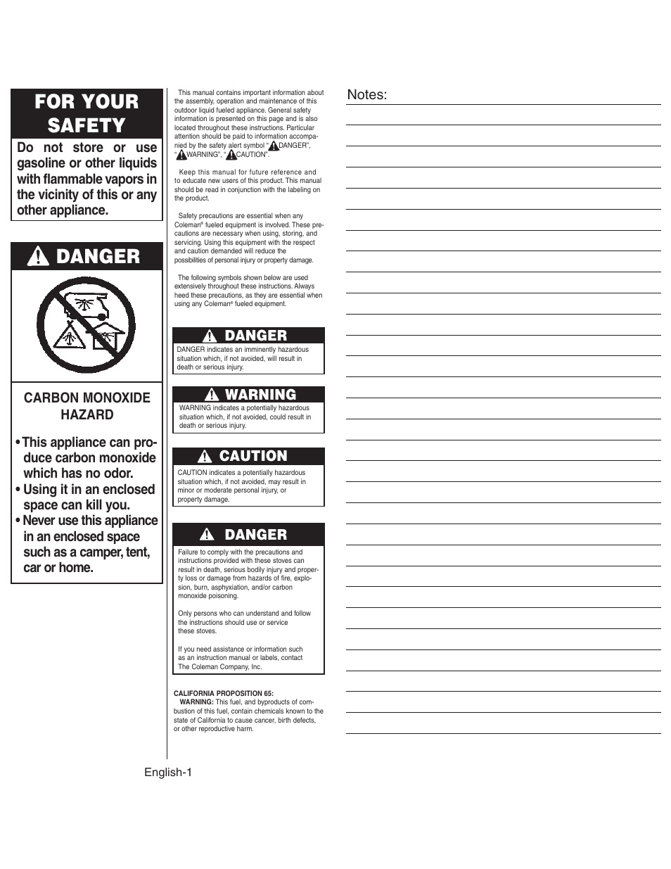 For your safety, Danger, Caution | Warning | Coleman 425G User Manual | Page 2 / 18
