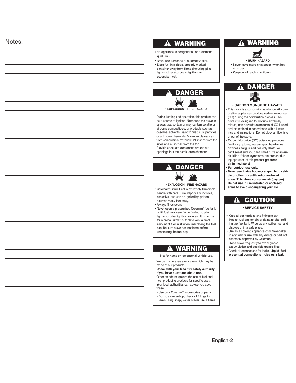 Warning danger, Warning, Danger | Caution, English-2 | Coleman 425G User Manual | Page 3 / 18