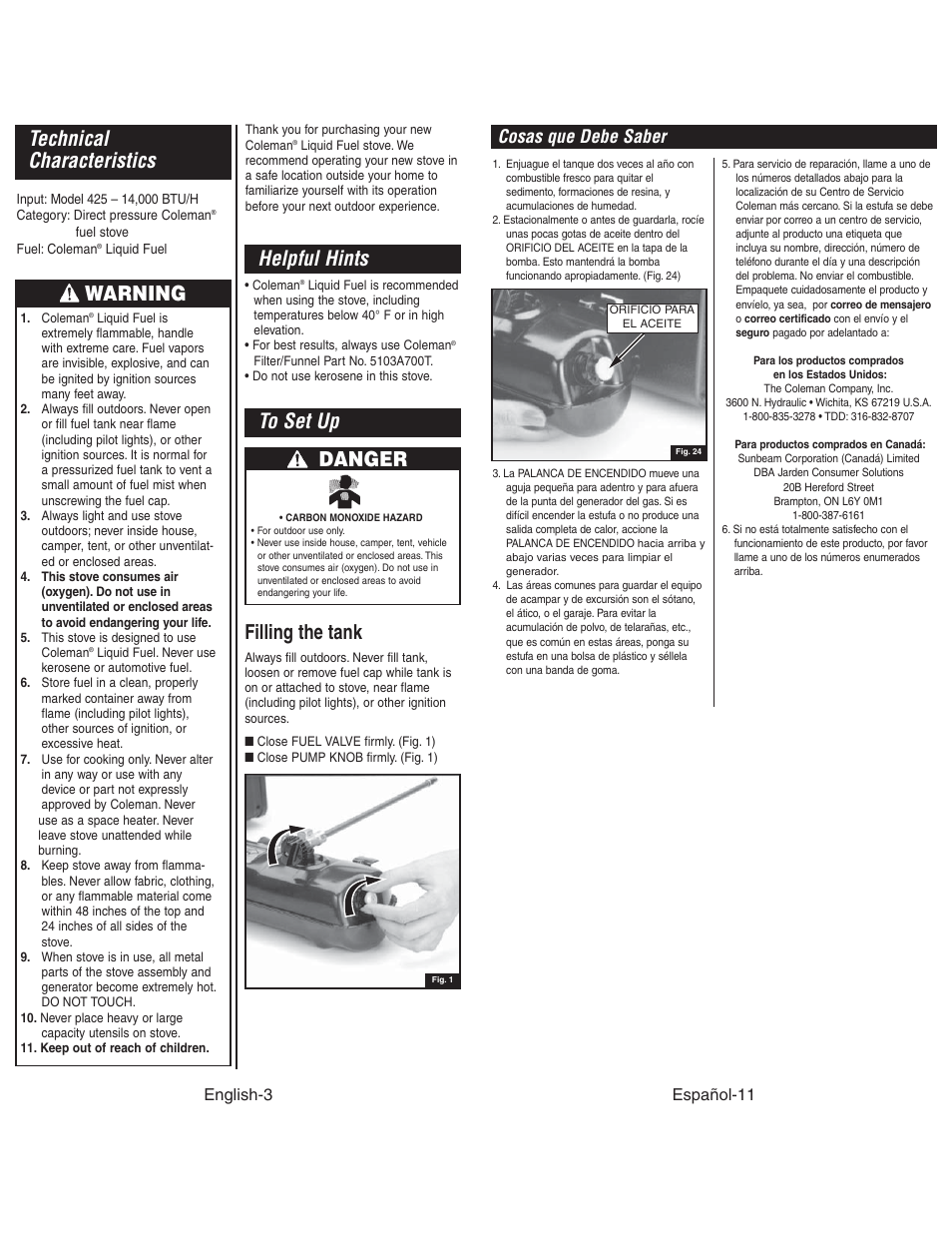 Technical characteristics, Helpful hints, Warning | Danger, Filling the tank, Cosas que debe saber, Español-11, English-3 | Coleman 425G User Manual | Page 4 / 18