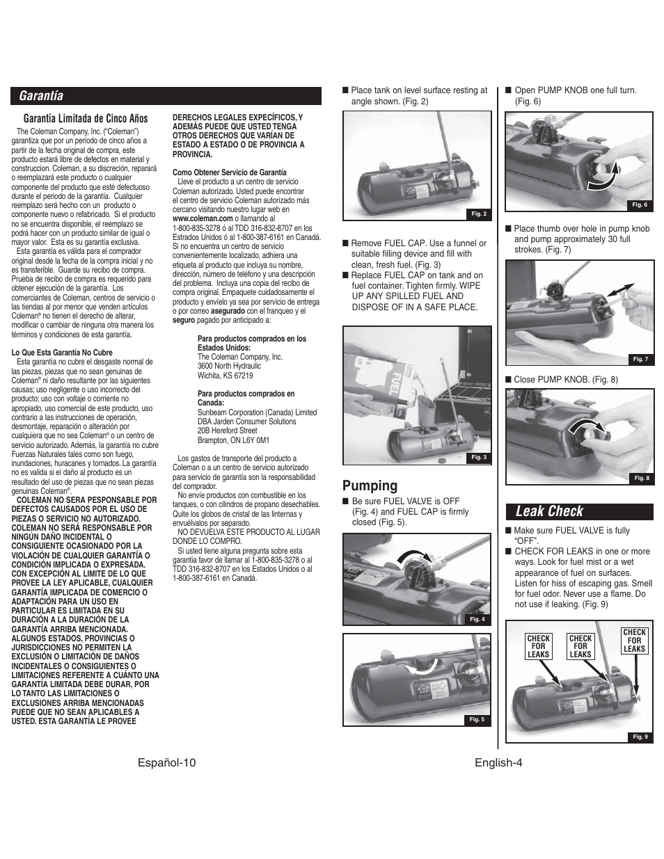 Leak check, Pumping, Garantía | Español-10, Garantía limitada de cinco años, English-4 | Coleman 425G User Manual | Page 5 / 18