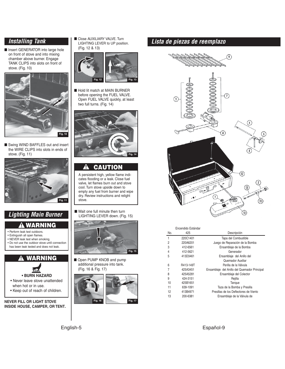 Lista de piezas de reemplazo, Installing tank, Lighting main burner | Warning, Caution, Español-9 english-5 | Coleman 425G User Manual | Page 6 / 18