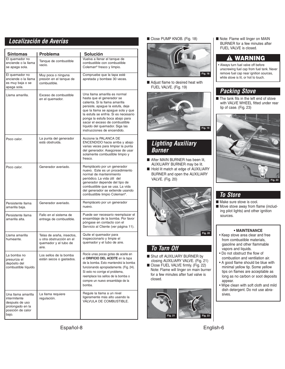 Localización de averías, Lighting auxiliary burner, Packing stove | Warning, Español-8, English-6 | Coleman 425G User Manual | Page 7 / 18