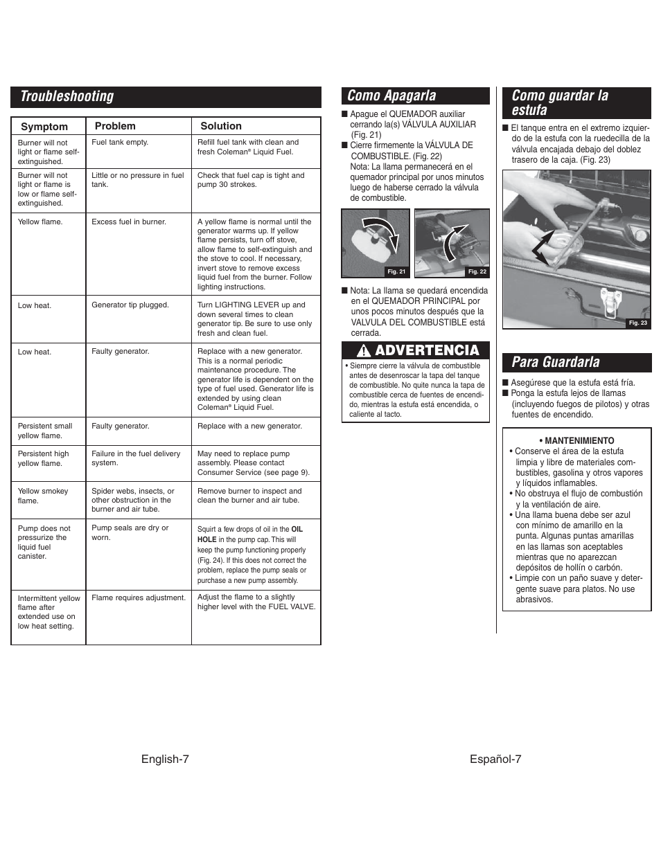 Para guardarla, Como guardar la estufa, Como apagarla | Troubleshooting, Advertencia, Español-7, English-7 | Coleman 425G User Manual | Page 8 / 18