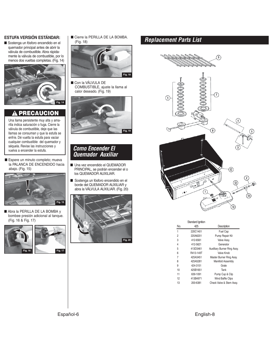 Como encender el quemador auxiliar, Replacement parts list, Precaucion | Español-6, English-8, Estufa versión estándar | Coleman 425G User Manual | Page 9 / 18