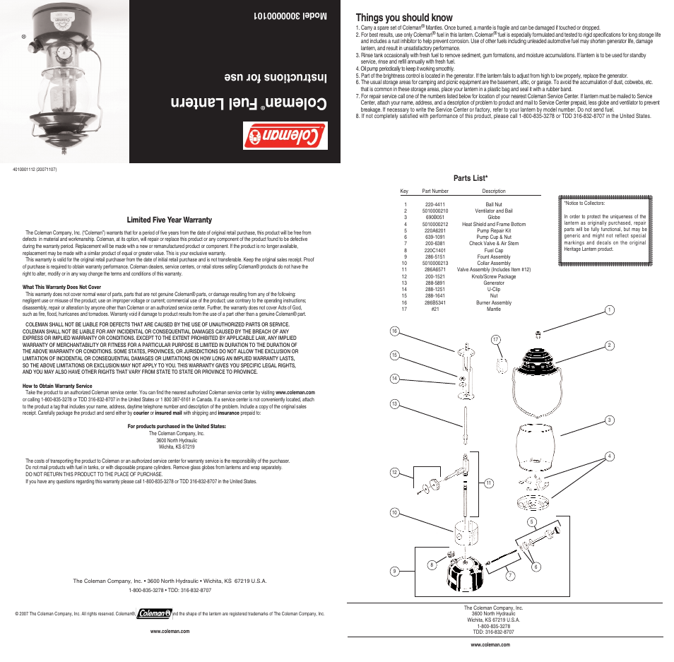 Coleman 3000000101 User Manual | 2 pages