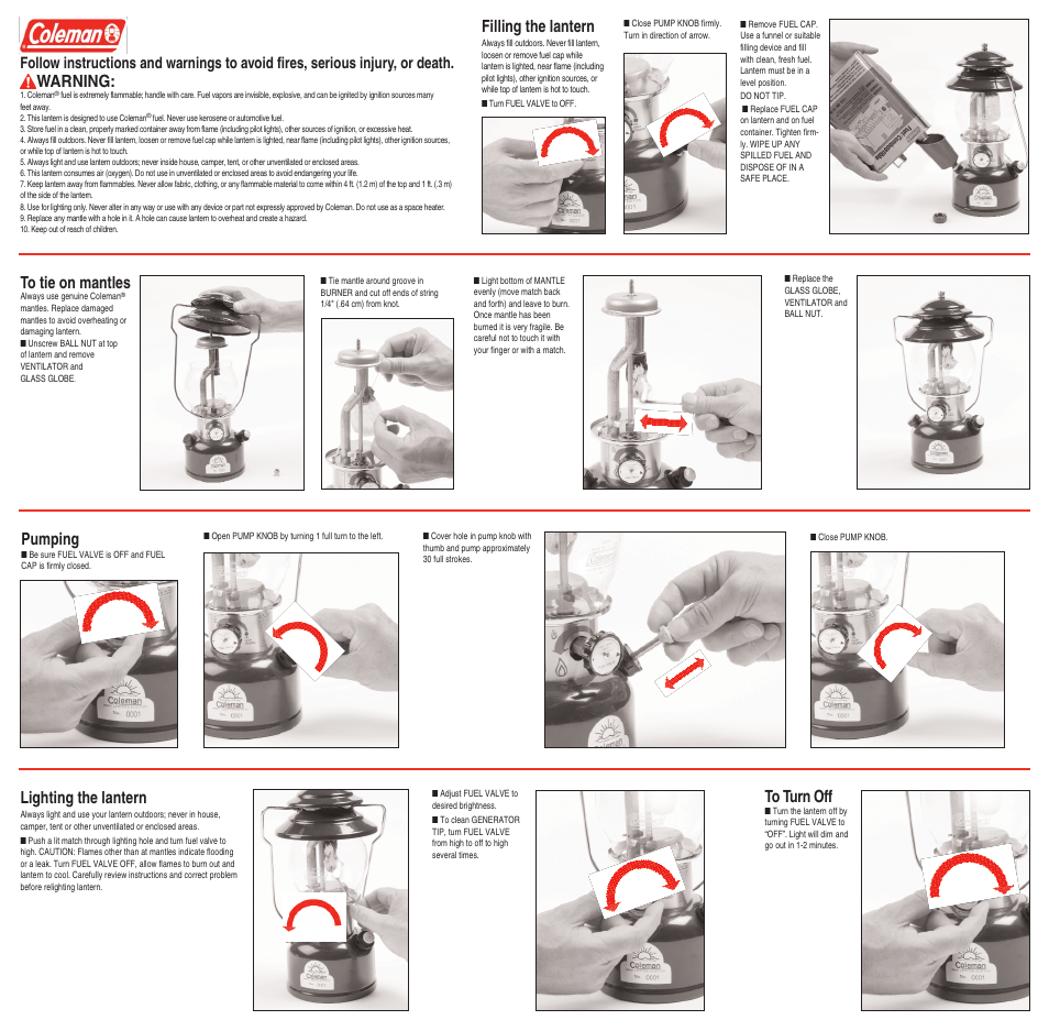 Warning, Filling the lantern, Pumping | Lighting the lantern | Coleman 3000000101 User Manual | Page 2 / 2