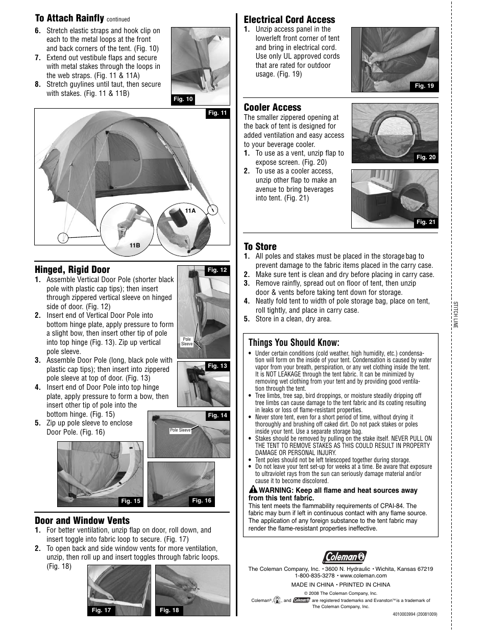 Hinged, rigid door, Electrical cord access, Cooler access | Door and window vents, Things you should know | Coleman EVANSTON 2000001587 User Manual | Page 2 / 2