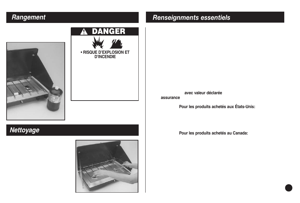 Danger, Rangement, Nettoyage | Renseignments essentiels | Coleman 5430E User Manual | Page 17 / 32