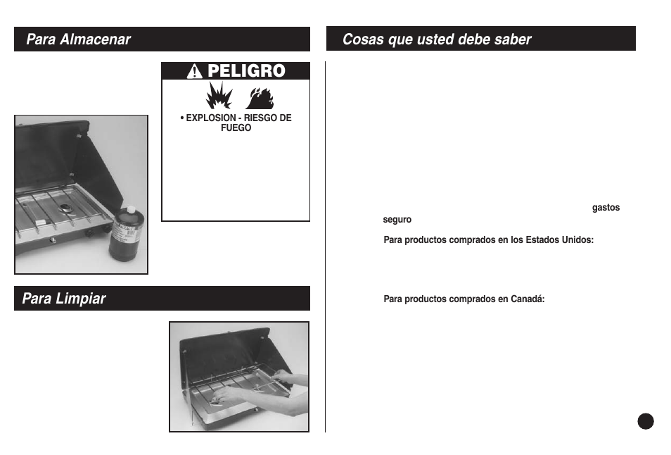 Peligro, Para almacenar, Para limpiar cosas que usted debe saber | Coleman 5430E User Manual | Page 27 / 32