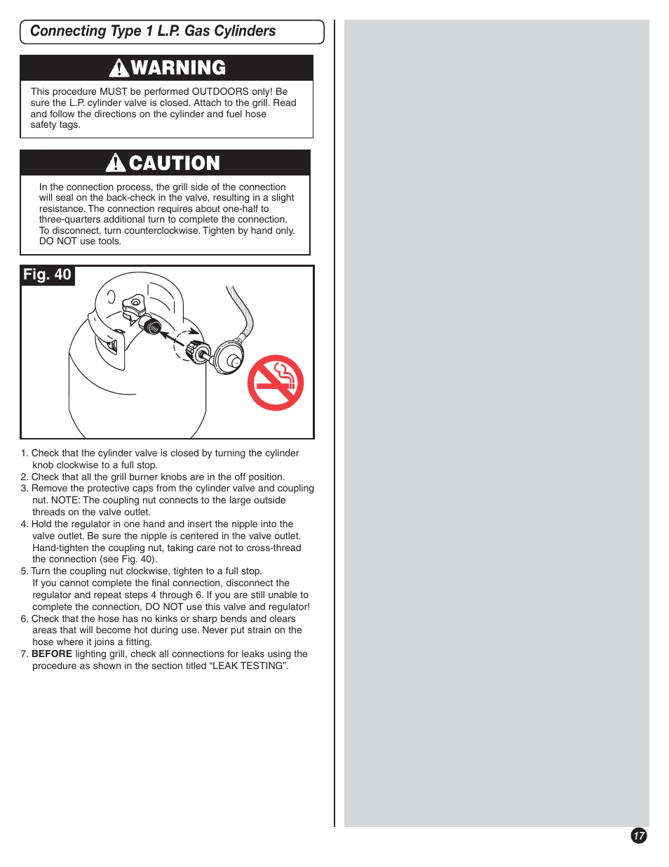Warning, Caution, Connecting type 1 l.p. gas cylinders fig. 40 | Coleman 9992-644 User Manual | Page 17 / 32