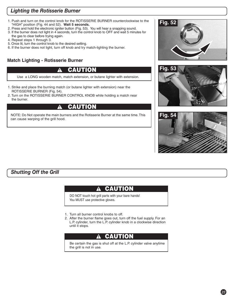 Caution, Lighting the rotisserie burner, Shutting off the grill | Coleman 9992-644 User Manual | Page 23 / 32