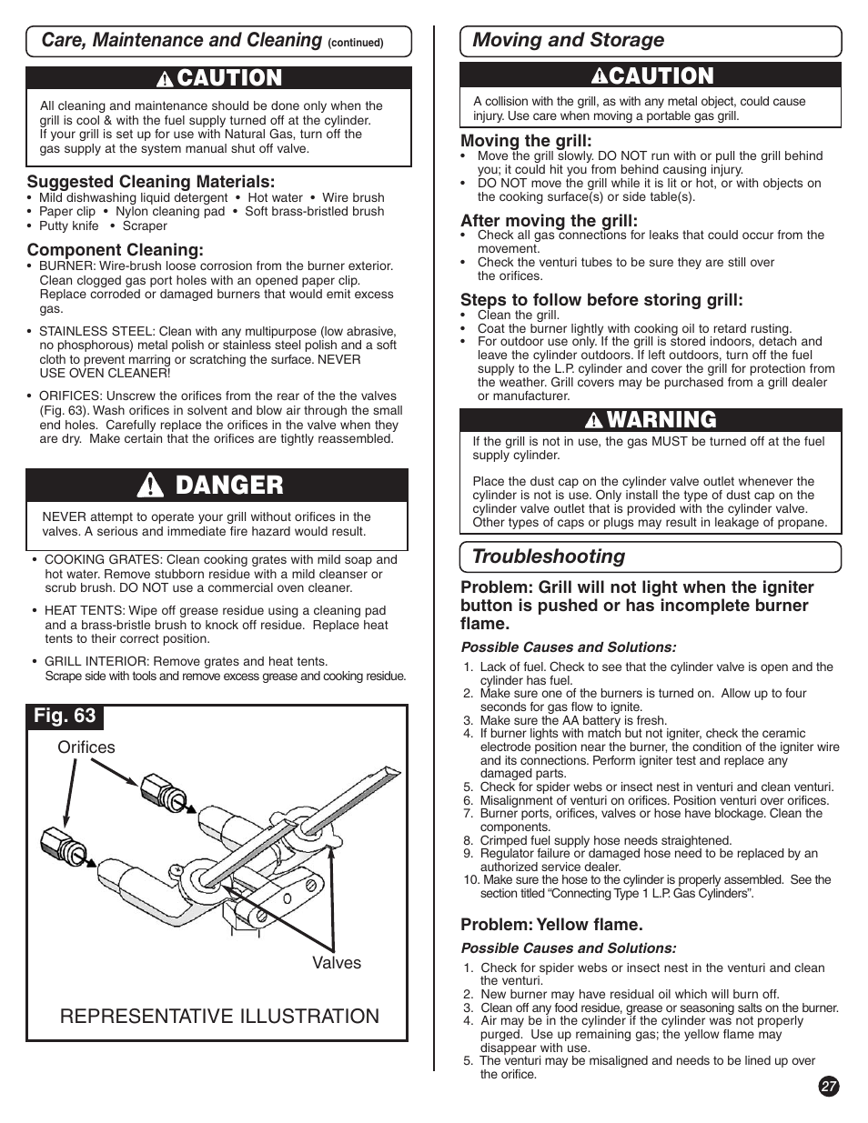 Danger, Caution, Warning | Care, maintenance and cleaning, Representative illustration, Moving and storage troubleshooting, Fig. 63 | Coleman 9992-644 User Manual | Page 27 / 32