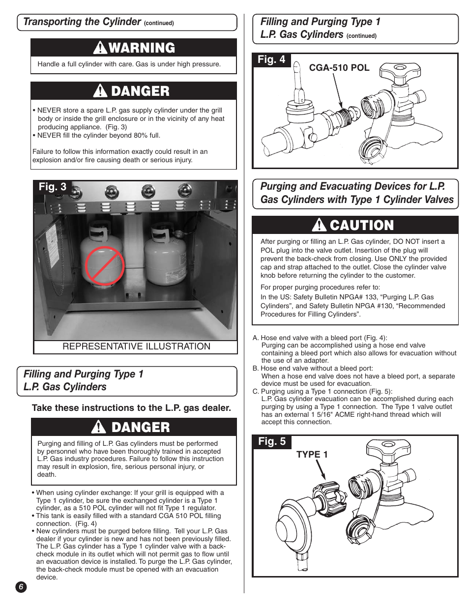 Warning, Danger, Caution | Transporting the cylinder, Fig. 3 fig. 4 fig. 5 | Coleman 9992-644 User Manual | Page 6 / 32