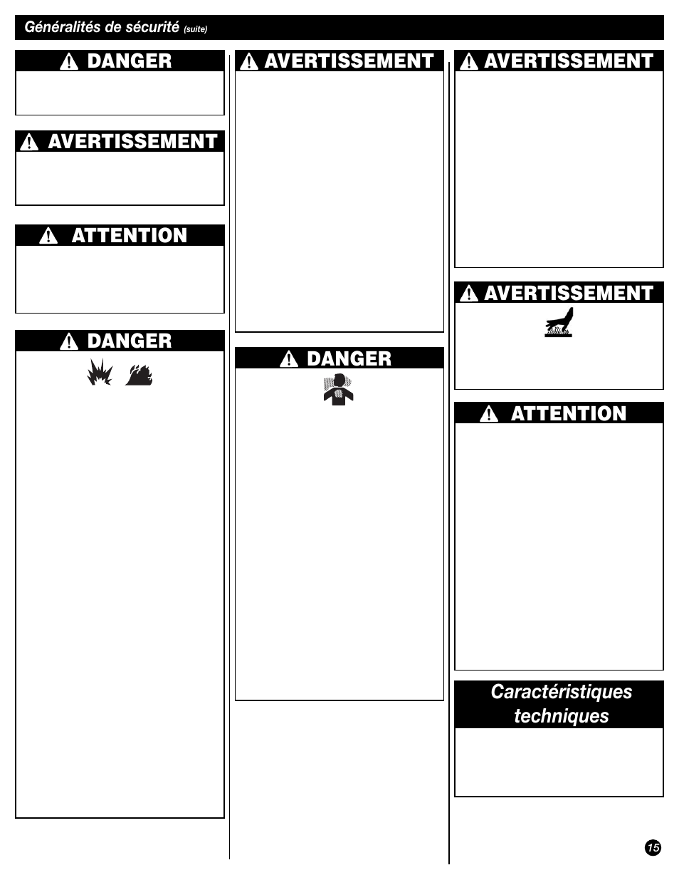 Danger, Avertissement, Attention | Caractéristiques techniques, Généralités de sécurité | Coleman 9944 User Manual | Page 15 / 40