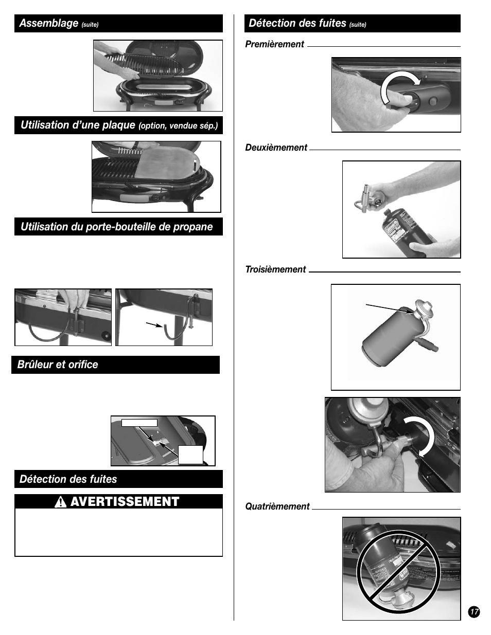 Avertissement, Détection des fuites, Assemblage | Utilisation d’une plaque, Utilisation du porte-bouteille de propane, Brûleur et orifice | Coleman 9944 User Manual | Page 17 / 40