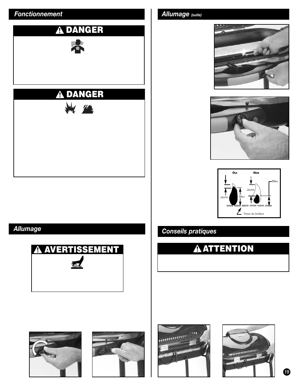 Attention, Danger, Avertissement | Allumage, Conseils pratiques, Fonctionnement allumage | Coleman 9944 User Manual | Page 19 / 40