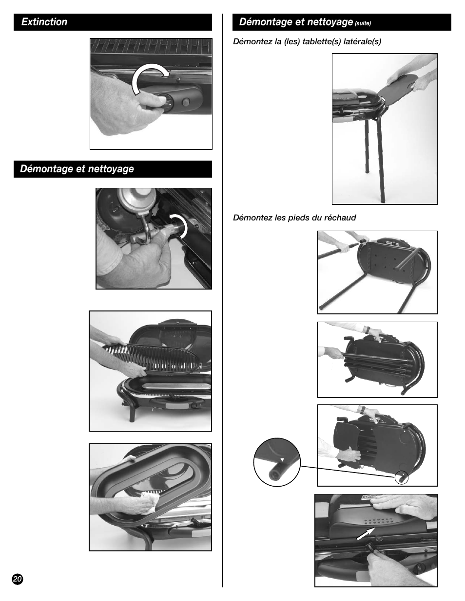 Extinction démontage et nettoyage, Démontage et nettoyage | Coleman 9944 User Manual | Page 20 / 40