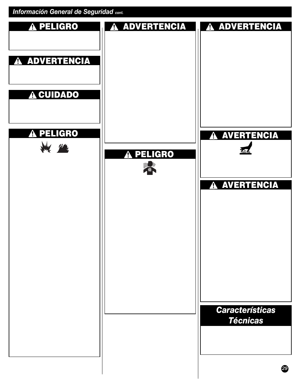 Peligro, Advertencia, Avertencia | Cuidado, Características técnicas, Información general de seguridad | Coleman 9944 User Manual | Page 29 / 40