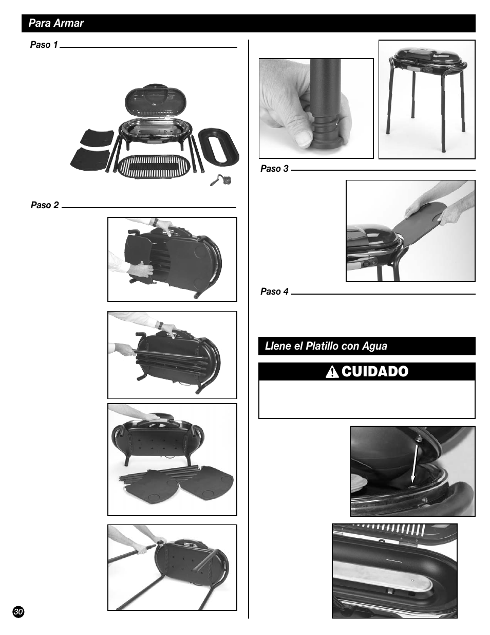 Cuidado, Para armar, Llene el platillo con agua | Paso 1, Paso 2, Paso 3 paso 4 | Coleman 9944 User Manual | Page 30 / 40