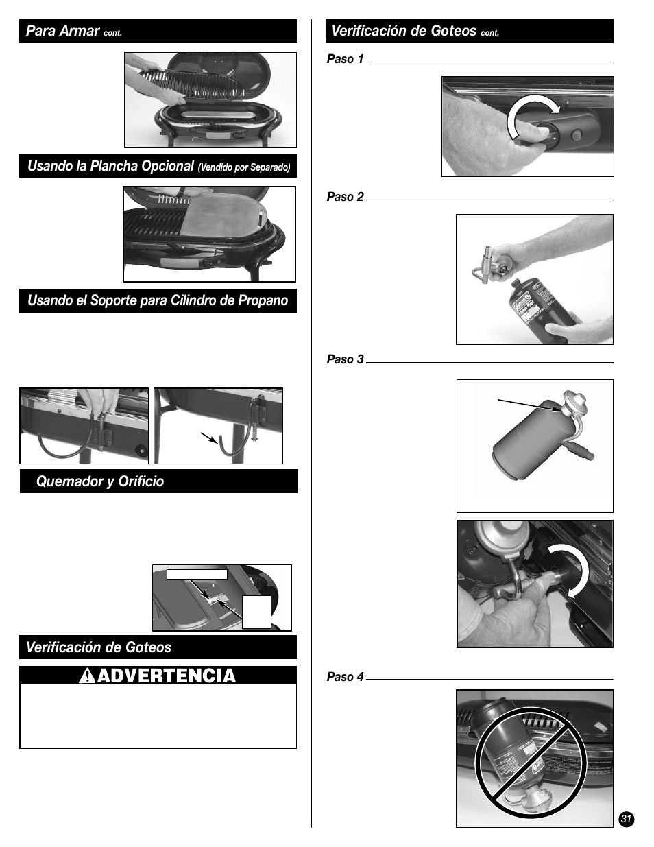 Advertencia, Verificación de goteos, Para armar | Usando la plancha opcional, Usando el soporte para cilindro de propano, Quemador y orificio | Coleman 9944 User Manual | Page 31 / 40