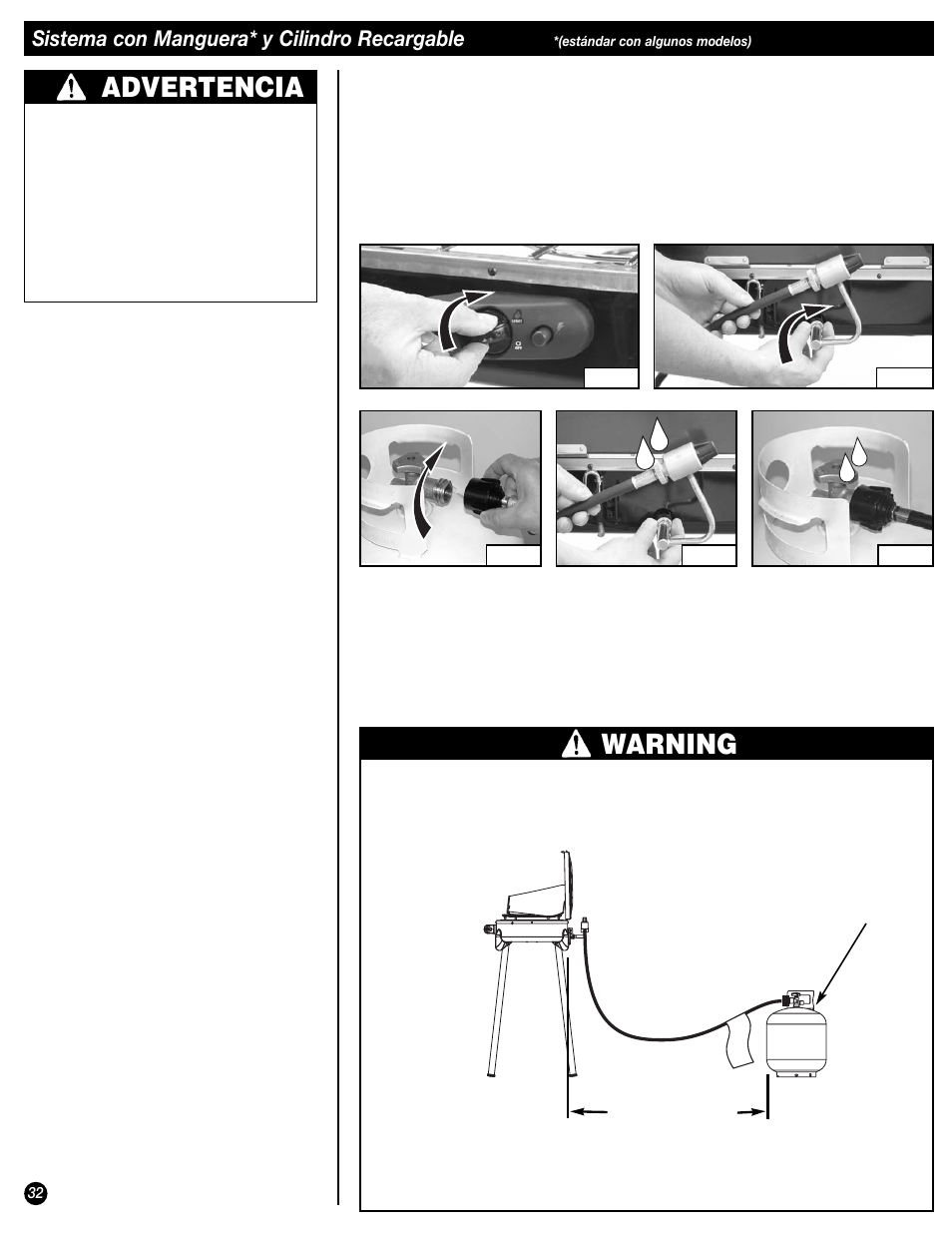 Advertencia, Warning, Sistema con manguera* y cilindro recargable | Coleman 9944 User Manual | Page 32 / 40